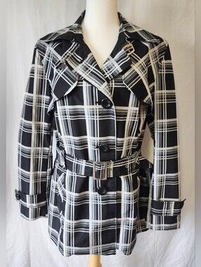 President Stone Black & White Plaid Women's Trench Coat - Belted Jacket